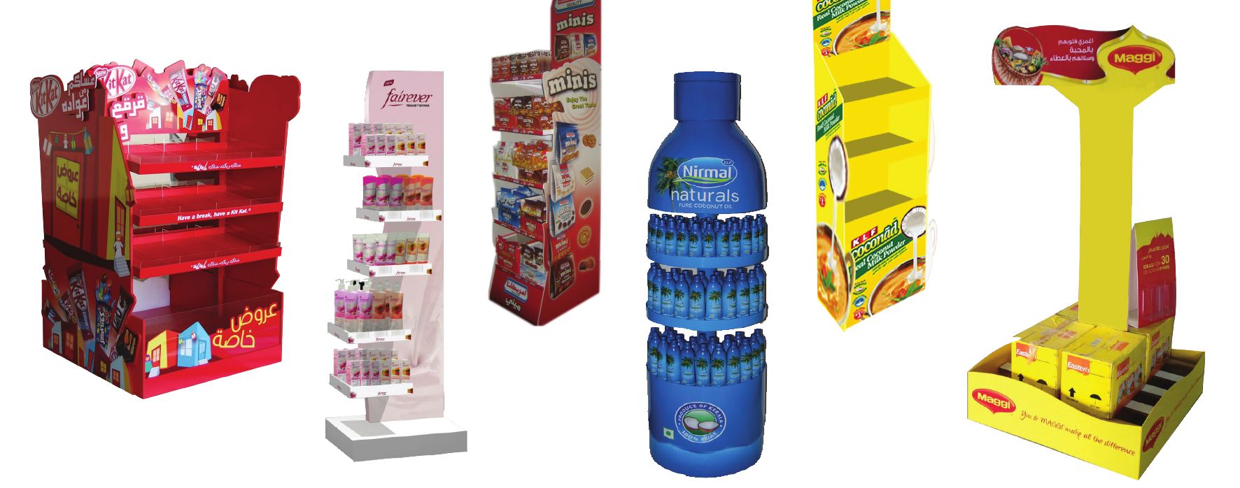 Floor displays for KitKat, Fairever, Americana minis, Nirmal Naturals, KLF Coconad and Maggi
